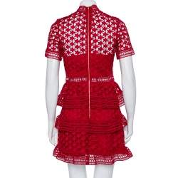 مملوكة مسبقًا Self-Portrait Burgundy Guipure Star Lace High Neck Tiered Mini Dress S