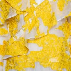 Pre Owned Self Portrait White & Yellow Fil Coupe Ruffled Off Shoulder Detail Top S