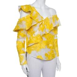 Pre Owned Self Portrait White & Yellow Fil Coupe Ruffled Off Shoulder Detail Top S
