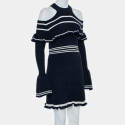 Pre Owned Self-Portrait Navy Blue Rib Knit Ruffled Cold Shoulder Dress M