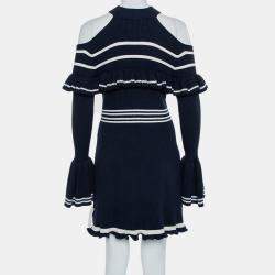 Pre Owned Self-Portrait Navy Blue Rib Knit Ruffled Cold Shoulder Dress M