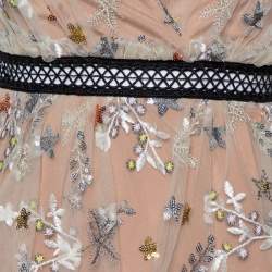Self-Portrait Beige Embroidered Tulle Plunge Neck Tiered Midi Dress S
