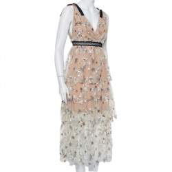 Self-Portrait Beige Embroidered Tulle Plunge Neck Tiered Midi Dress S