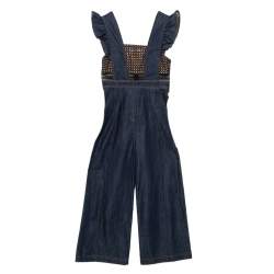 Self Portrait Navy Blue Denim & Lace Ruffle Sleeve Wide Leg Jumpsuit XS