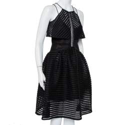 Pre Owned Self-Portrait Black Mesh Overlay Detail Flared Dress S