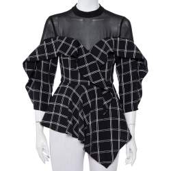 Self Portrait Black Checkered Crepe & Chiffon Ruffled Asymmetric Hem Top S