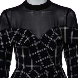 Self Portrait Black Checkered Crepe & Chiffon Ruffled Asymmetric Hem Top S
