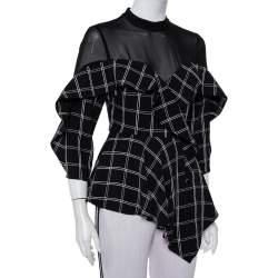 Self Portrait Black Checkered Crepe & Chiffon Ruffled Asymmetric Hem Top S