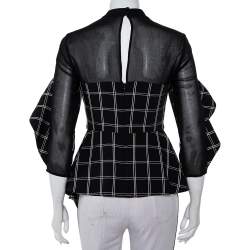 Self Portrait Black Checkered Crepe & Chiffon Ruffled Asymmetric Hem Top S