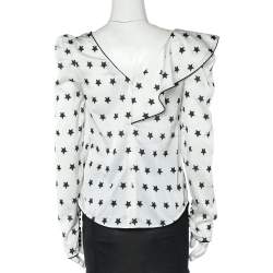 Self Portrait White Star printed Satin Ruffled Plunging Neck Top S