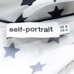Self Portrait White Star printed Satin Ruffled Plunging Neck Top S