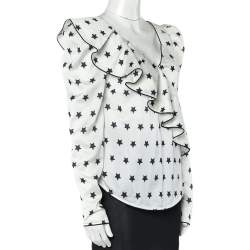 Self Portrait White Star printed Satin Ruffled Plunging Neck Top S