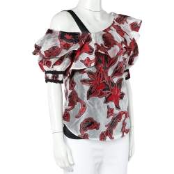 Pre Owned Self Portrait Floral Organza Cold Shoulder Detail Ruffled Top S