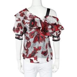 Pre Owned Self Portrait Floral Organza Cold Shoulder Detail Ruffled Top S