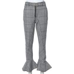 Self Portrait Monochrome Checkered Ruffled Hem Belted Cropped Pants S