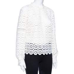 Pre Owned Self-Portrait White Guipure Lace Victorian Sleeve Detail Top M 