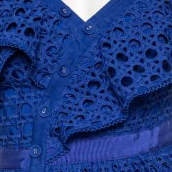 Pre Owned فستان ميدي سيلف بورتريه كروشيه أزرق بكتف واحد مكشكشة مقاس متوسط - ميديوم