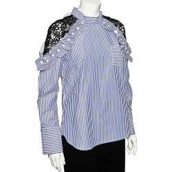 Pre Owned Self-Portrait Blue Striped Cotton & Contrast Lace Long Sleeve Top M