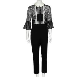 Self-Portrait Black & White Lace Bodice Bell Sleeve Jumpsuit M