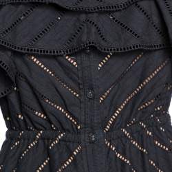 Pre Owned Self-Portrait Navy Blue Eyelet Cotton Button Front Off-Shoulder Dress S