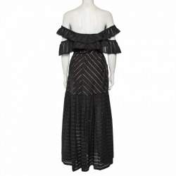 Pre Owned Self-Portrait Navy Blue Eyelet Cotton Button Front Off-Shoulder Dress S