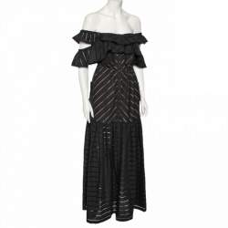 Pre Owned Self-Portrait Navy Blue Eyelet Cotton Button Front Off-Shoulder Dress S