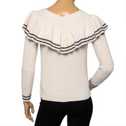 Pre Owned Self-Portrait Cream Wool Knit Ruffle Detailed Off-Shoulder Sweater S