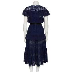 Pre Owned فستان سيلف بورتريت قطن أزرق كحلي طبقات تطريز انجليزي مورد متوسط الطول مقاس صغير (سمول)