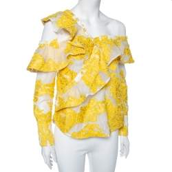 Pre Owned Self-Portrait Yellow Floral Fil Coupe Asymmetrical Ruffled Blouse S
