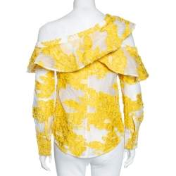 Pre Owned Self-Portrait Yellow Floral Fil Coupe Asymmetrical Ruffled Blouse S