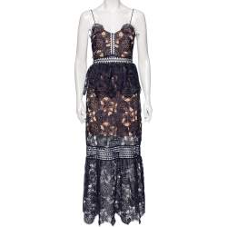 Pre Owned فستان سيلف - بورتريه أمارلس دانتيل جوبير بنقشة الزهور أزرق كحلي مقاس متوسط - ميديوم