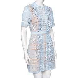 Pre Owned Self-Portrait Blue Guipure Lace Short Sleeve Dress M