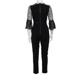 Pre Owned Self-Portrait Black & White Lace Bodice Bell Sleeve Jumpsuit M
