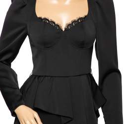 Pre Owned Self-Portrait Black Crepe Lace Trimmed Peplum Pleated Detail Jumpsuit S