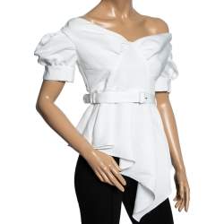 Pre Owned Self-Portrait White Off Shoulder Belted Ottoman Top M