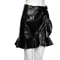 Pre Owned Self-Portrait Black Faux Leather Ruffled Mini Skirt M