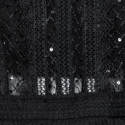 مملوكة مسبقًا فستان ميني سيلف بورتريت شبكة أسود مزخرف ترتر أكمام منفوخة مقاس متوسط - ميديوم