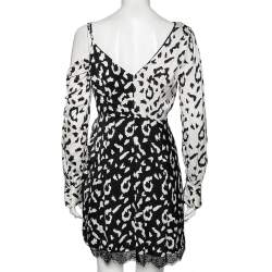 Pre Owned Self-Portrait Black-White Leopard Printed Crepe De Chine Lace Trim Wrap Dress S