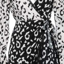 Pre Owned Self-Portrait Black-White Leopard Printed Crepe De Chine Lace Trim Wrap Dress S