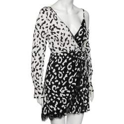 Pre Owned Self-Portrait Black-White Leopard Printed Crepe De Chine Lace Trim Wrap Dress S