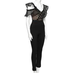 Pre Owned Self-Portrait Black Guipure Lace & Knit Short Sleeve Jumpsuit S
