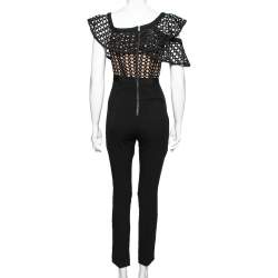 Pre Owned Self-Portrait Black Guipure Lace & Knit Short Sleeve Jumpsuit S