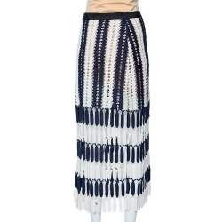 Pre Owned Self-Portrait Navy Blue & White Crochet Knit Tasseled Midi Skirt S