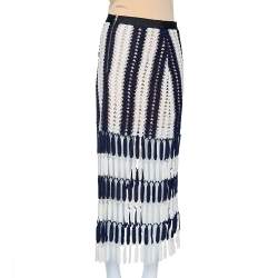 Pre Owned Self-Portrait Navy Blue & White Crochet Knit Tasseled Midi Skirt S