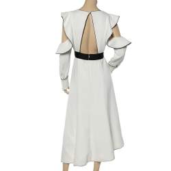 Pre Owned Self-Portrait White Crepe Ruffled Cut Shoulder Asymmetric Hem Midi Dress M
