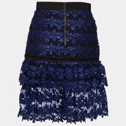 Pre Owned Self-Portrait Blue Floral Guipure Lace Sequin Embellished Tiered Skirt S