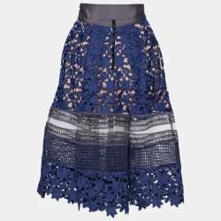 Pre Owned Self-Portrait Blue Guipure Lace & Mesh Paneled Liliana Belted Skirt S