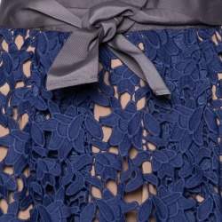 Pre Owned Self-Portrait Blue Guipure Lace & Mesh Paneled Liliana Belted Skirt S