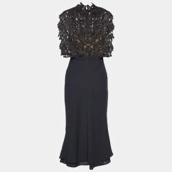 Pre Owned Self-Portrait Black Cropped Lace Overlay Midi Dress XS