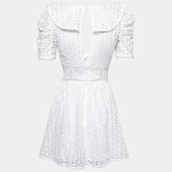 Pre Owned Self-Portrait White Eyelet Embroidered Cotton Puff Shoulder Mini Dress S